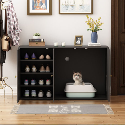 Tucker Murphy Pet™ Black Three Door Cat Litter Box Enclosure With 4 Shelves & Reviews Wayfair
